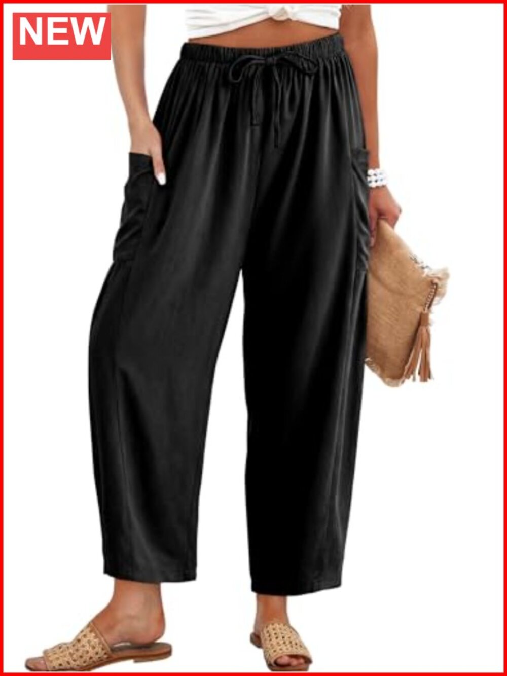 Cotton Linen Wide Leg Palazzo Harem Pants Drawstring Elastic Waist Lounge